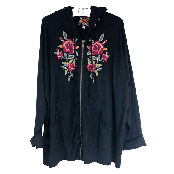 Johnny Was Tops - Johnny Was Black Hoodie with Pink Floral Design